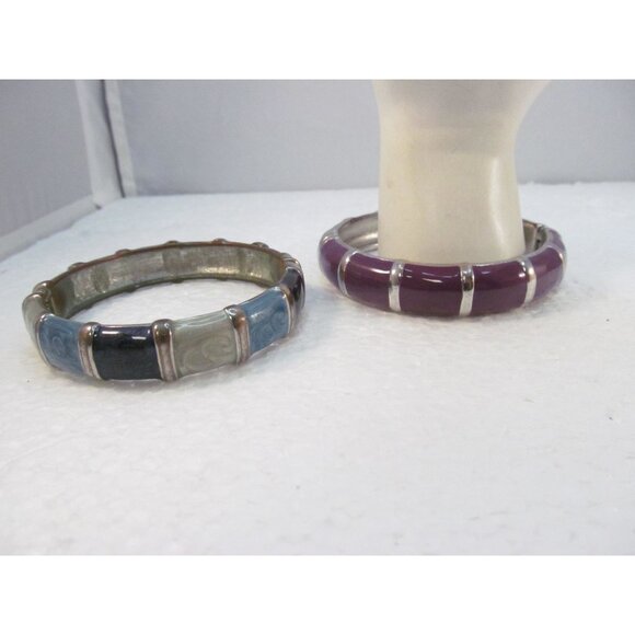 Enamel Bamboo Style Hinge Bracelets Set of 2 Purple and Green Blues - Picture 15 of 16